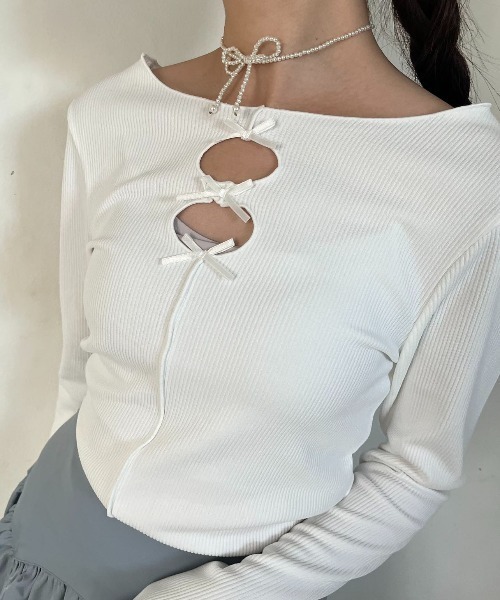 tシャツ CUTWORK RIBON  TOPS/カットワークリボントップス レディース