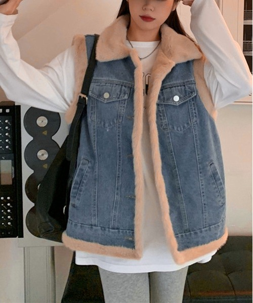ベスト ジレ 裏地ファー　デニム　ジレ レディース