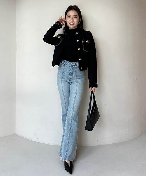 anuans ノーカラーニットジャケット NAVY Mサイズ セール】ノーカラーニットジャケット（ノーカラージャケット