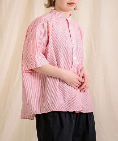 美品♡ プリット コットンリネン　スタンドカラー　シャツ　ブラウス　羽織り prit ブラウス シャツ 「prit」 コットンリネンバレストライプ 5