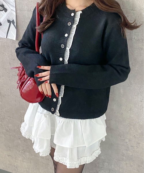 フリル付き黒スカート　sy32 me+em select（ミームセレクト） スカート 「 インパン裏地付 」3段