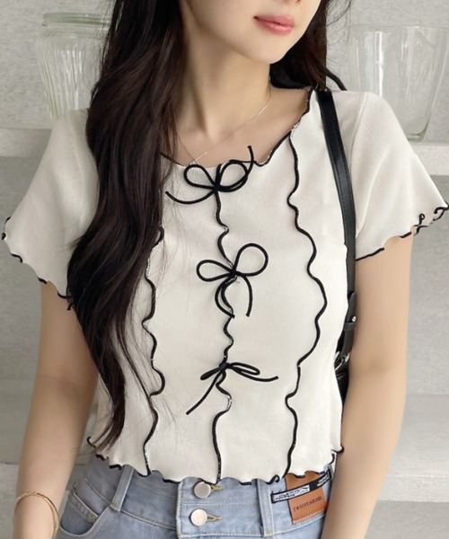 tシャツ フリルスリーブが愛らしさUP♪リボンデザインで魅せる