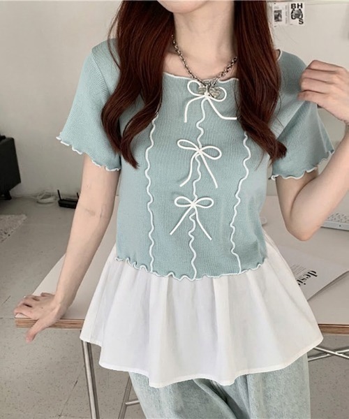 tシャツ 半袖 フリルスリーブが愛らしさUP♪リボンデザインで魅せる