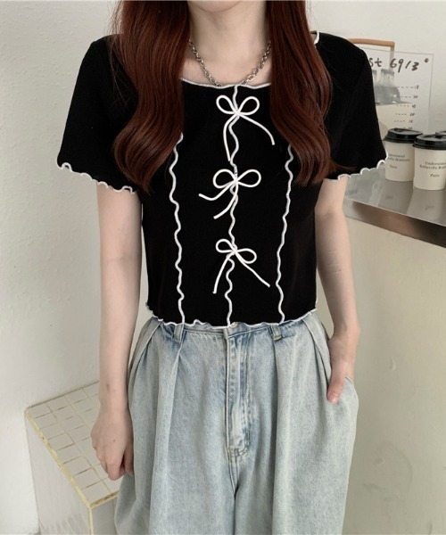 tシャツ フリルスリーブが愛らしさUP♪リボンデザインで魅せる