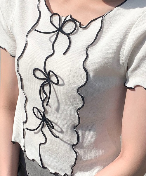tシャツ 半袖 フリルスリーブが愛らしさUP♪リボンデザインで魅せる
