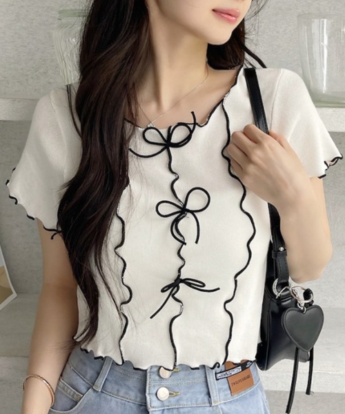 tシャツ フリルスリーブが愛らしさUP♪リボンデザインで魅せる