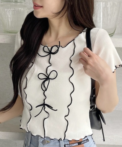 tシャツ 半袖 フリルスリーブが愛らしさUP♪リボンデザインで魅せる