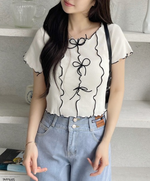 tシャツ フリルスリーブが愛らしさUP♪リボンデザインで魅せる