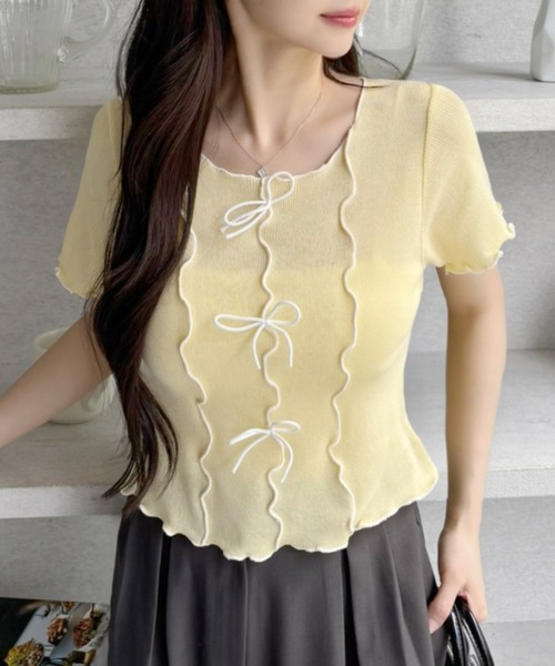 tシャツ フリルスリーブが愛らしさUP♪リボンデザインで魅せる
