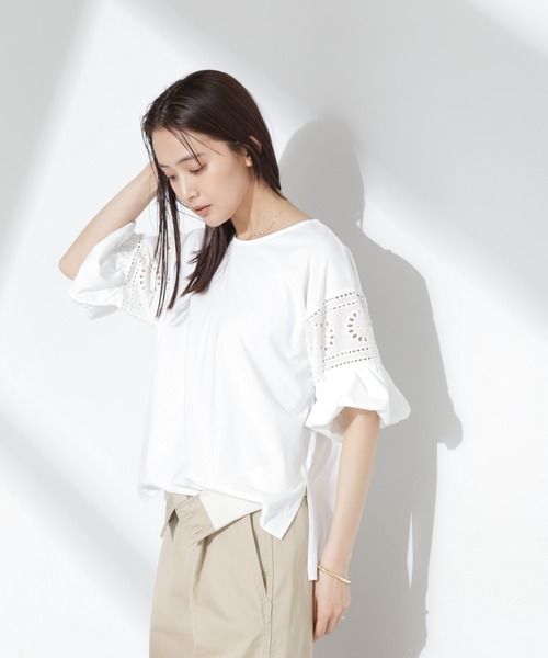 nano・universe - 【ナノユニバース】サイドスリット ハイネックブラウス ホワイト NANO universe tシャツ お花柄レース切替バルーンスリーブカット