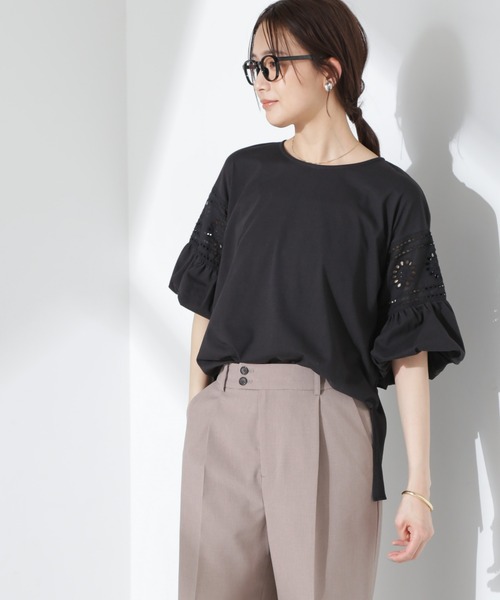 NANO universe tシャツ お花柄レース切替バルーンスリーブカット