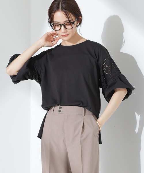 新品未使用　ヌキテパ　カットワークレース　ブラウスバルーンスリーブ　2024SS NANO universe（ナノ・ユニバース） tシャツ お花柄レース切替バルーン