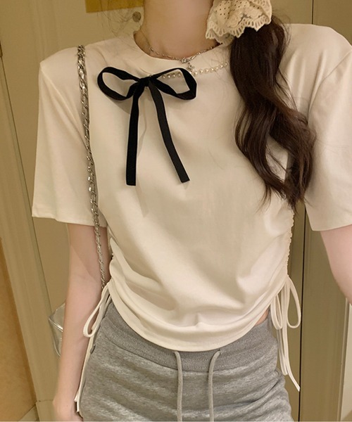 tシャツ バイカラーリボンパールTシャツ レディース