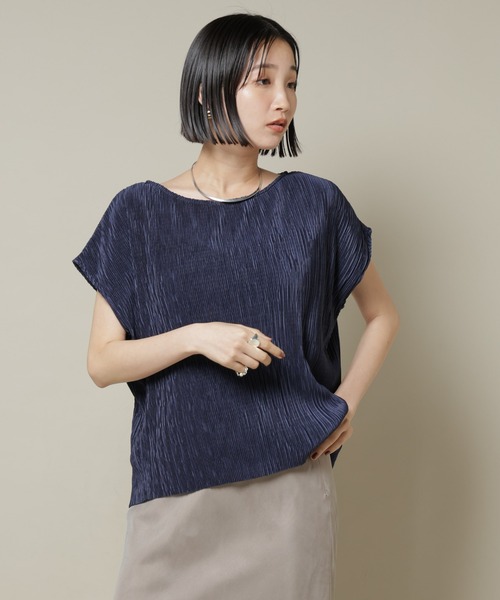23年✨極美品✨プリーツプリーズ　トップス　フレンチスリーブ　サイズ3 ブルー NANO universe（ナノ・ユニバース） tシャツ ランダムプリーツカット