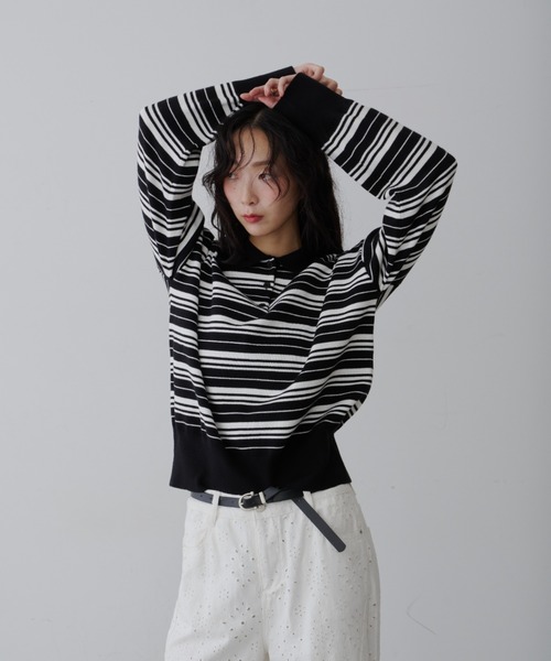 NUJOH tシャツ Border Polo T-Shirt / ボーダー ポロTシャツ 