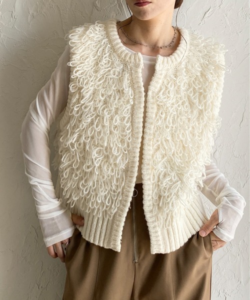 She's Closet ベスト ジレ ショート丈ループ編みフリンジニットベスト