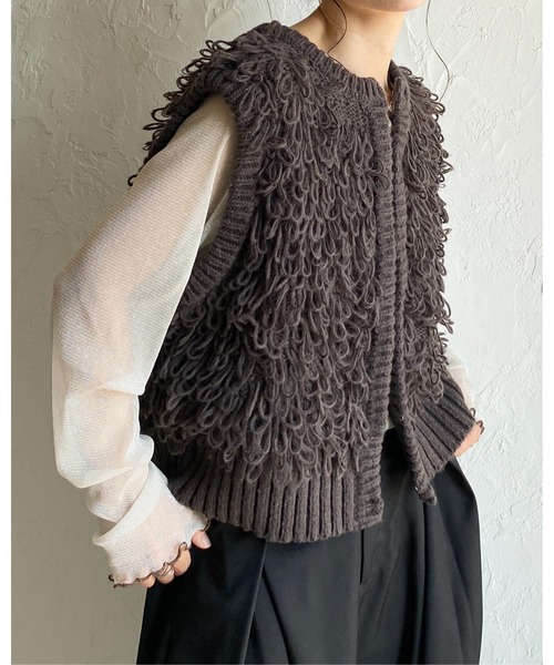 She's Closet ベスト ジレ ショート丈ループ編みフリンジニットベスト