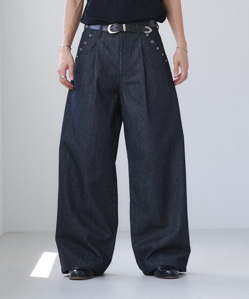 Adoon plain リジットワイドデニム　ブラック Adoon plain ジーンズ Eyelet One-Tuck Rigid Wide Denim Pants