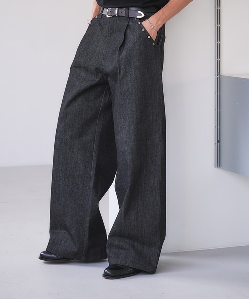 Adoon plain リジットワイドデニム　ブラック Adoon plain ジーンズ Eyelet One-Tuck Rigid Wide Denim Pants