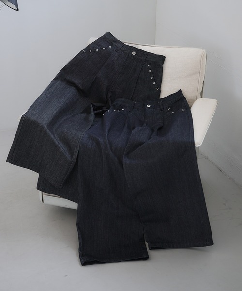 Adoon plain ジーンズ Eyelet One-Tuck Rigid Wide Denim Pants