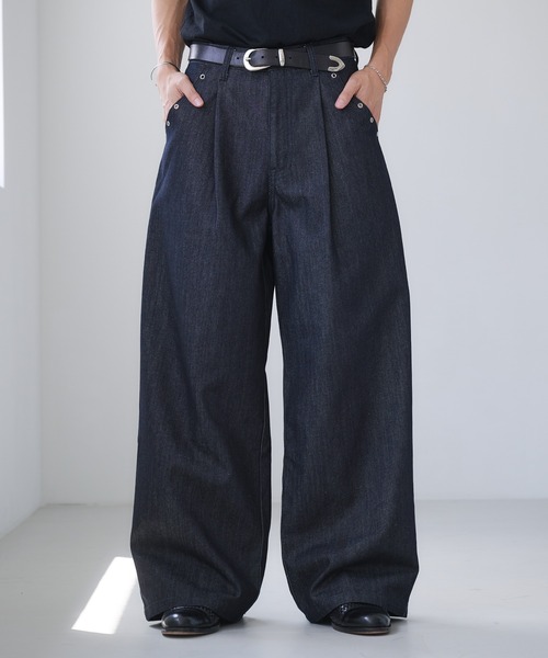Adoon plain リジットワイドデニム　ブラック Adoon plain ジーンズ Eyelet One-Tuck Rigid Wide Denim Pants
