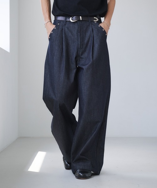 Adoon plain ジーンズ Eyelet One-Tuck Rigid Wide Denim Pants