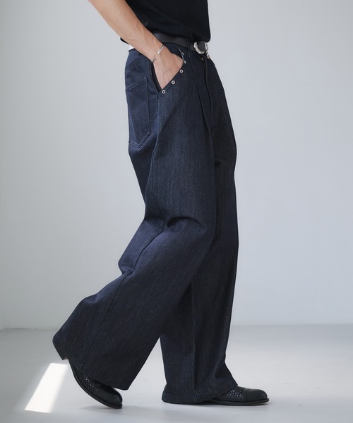 Adoon plain ジーンズ Eyelet One-Tuck Rigid Wide Denim Pants