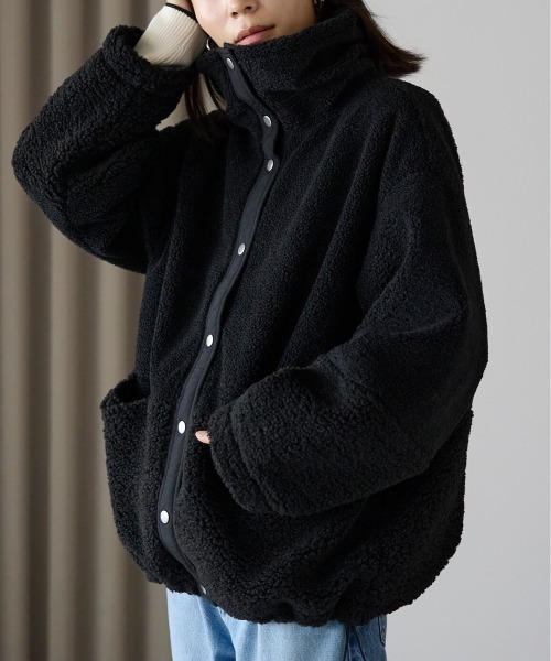 ブルゾン アウター ブラック ウール イタリア製 ポケット ブルゾン アウター ボア切り替えブルゾン レディース