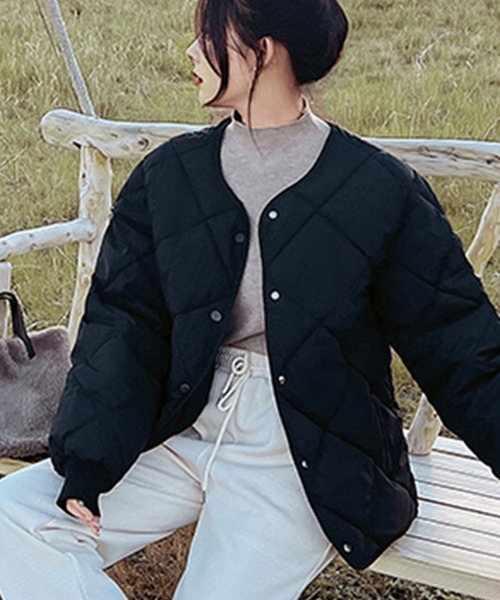 ⭐️mi-co⭐️ACUTA★ノーカラーキルティングダウンジャケット★ブラック ダウンコート ダウンジャケット ノーカラーミドル丈キルティング