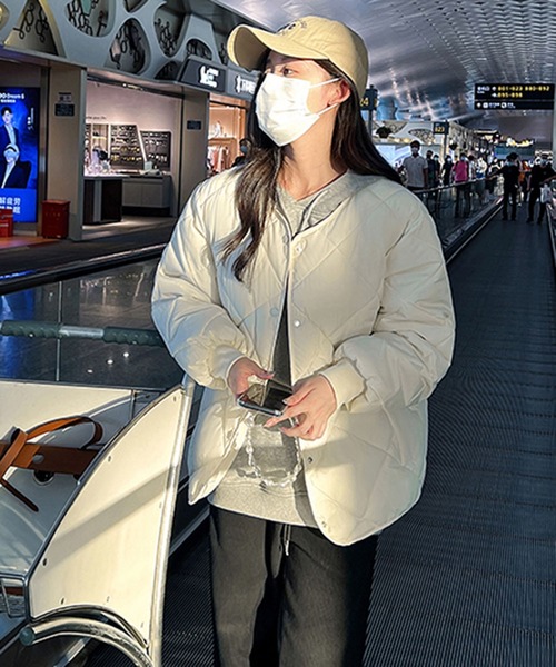 ダウンコート ダウンジャケット ノーカラーミドル丈キルティング