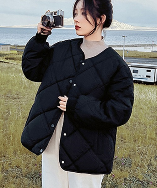 ダウンコート ダウンジャケット ノーカラーミドル丈キルティング