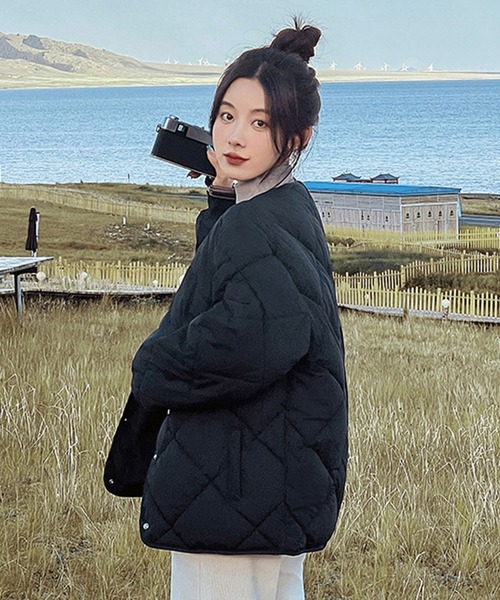 ダウンコート ダウンジャケット ノーカラーミドル丈キルティング