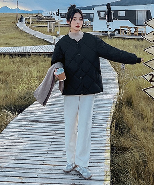 ダウンコート ダウンジャケット ノーカラーミドル丈キルティング