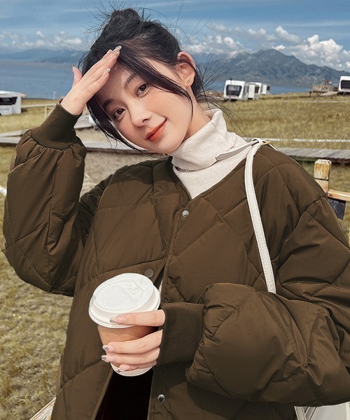 ダウンコート ダウンジャケット ノーカラーミドル丈キルティング