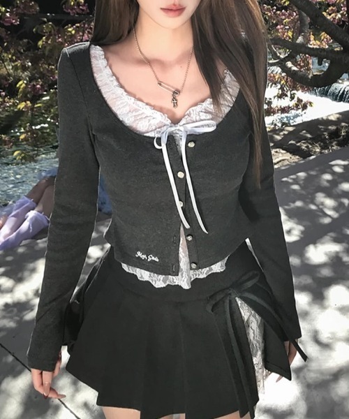 ViViDAY tシャツ 襟リボンレイヤード風レース長袖カットソー