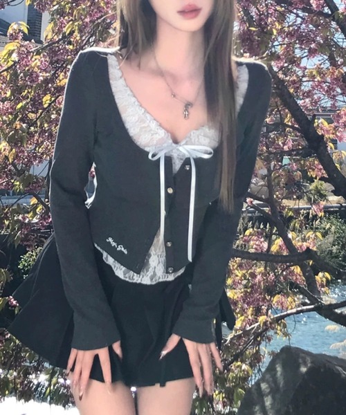 ViViDAY tシャツ 襟リボンレイヤード風レース長袖カットソー