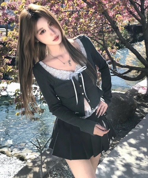ViViDAY tシャツ 襟リボンレイヤード風レース長袖カットソー