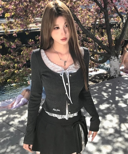 ViViDAY tシャツ 襟リボンレイヤード風レース長袖カットソー