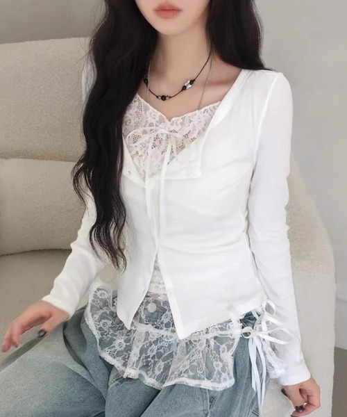 ViViDAY tシャツ 襟リボンレイヤード風レース長袖カットソー
