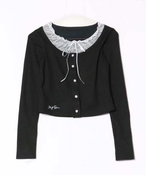 ViViDAY tシャツ 襟リボンレイヤード風レース長袖カットソー