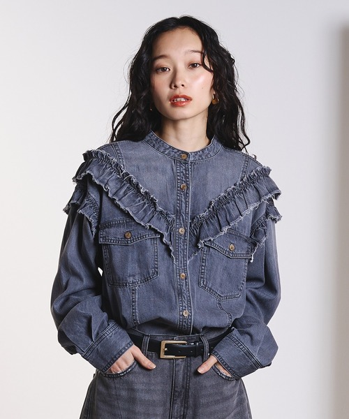 ROSE BUD（ローズバッド） ブラウス シャツ FRILL DENIM SHIRTS