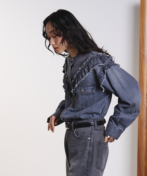 ROSE BUD（ローズバッド） ブラウス シャツ FRILL DENIM SHIRTS
