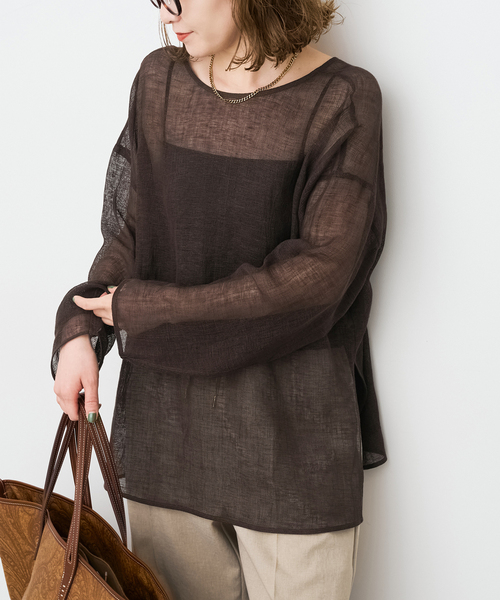 Spick&amp;Span スピックアンドスパン シャツ ホワイト 白 サイズ:FREE | 24春夏 メッシュリネンルーズプルオーバー / シャツ Vネック 長袖 ドロップショルダー 透かし編み サイドスリット | トップス カットトップス【レディース】【中古】 Spick＆Span（スピック アンド スパン） ブラウス シャツ 「新色有り
