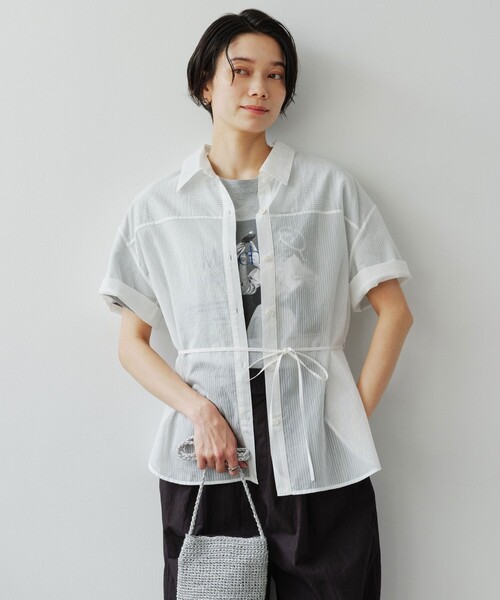 ブラウス シャツ 「結論シリーズ」リボンハイウエストシャツ「size SHORTあり」 レディースの画像