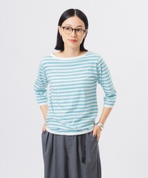 BEAMS BOY tシャツ 1cmボーダー ボートネック7分袖 レディース
