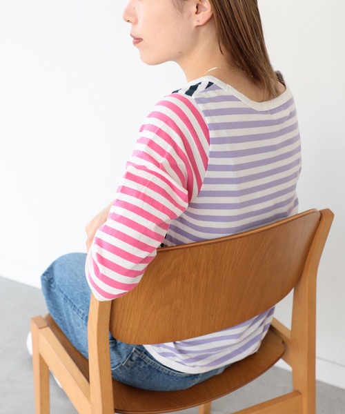 BEAMS BOY tシャツ 1cmボーダー ボートネック7分袖 レディース