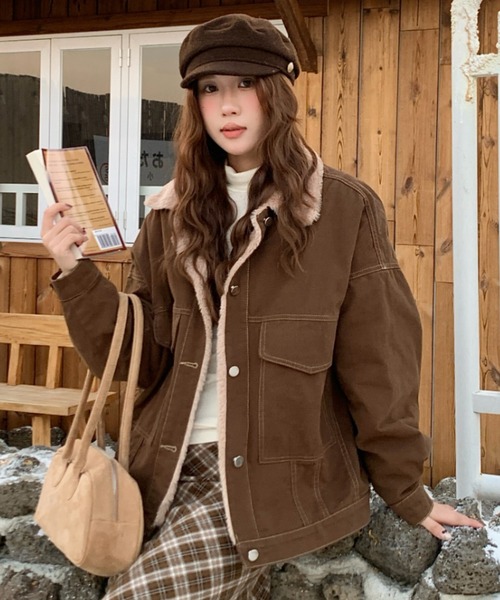 d.i.a ジャケット 長袖 袖ジッパー アウター ブルゾン ギャル系 ふわり軽い着心地。JAVAマウンテン刺繍ダブルジップ中綿襟ボアブルゾン