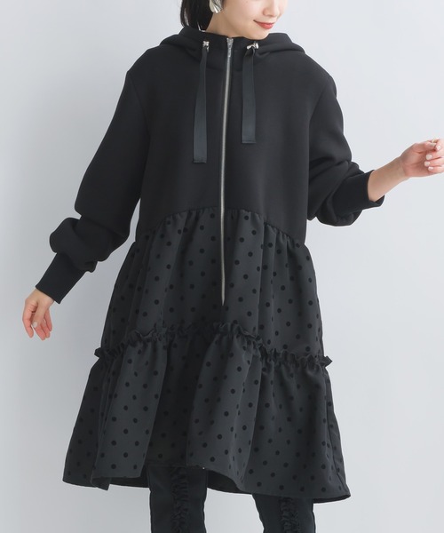 専用⭐︎レア♪アルベロベロ長袖あったかロングコートパッチワーク黒豚ちゃんフード付 PICCIN PERLA コート アウター フロッキードット切り替えティアード