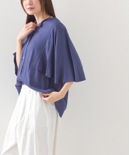 美品＊レリアン シャンブレー半袖ブラウス 9号 バンドカラー フレア袖 ゆったり OMNES（オムネス） ブラウス シャツ レーヨンフレア袖バンドカラー