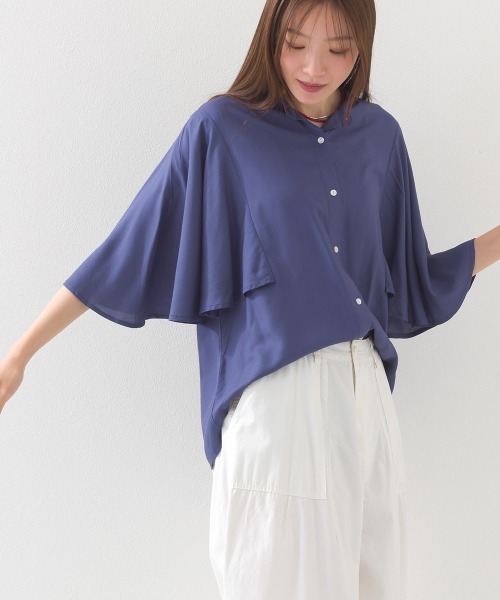 OMNES（オムネス） ブラウス シャツ レーヨンフレア袖バンドカラー